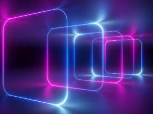 A series of glowing blue and purple square outlines representing a cybersecurity stack
