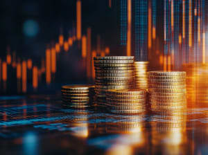 Stacks of coins at various heights with a rising and falling chart in the background