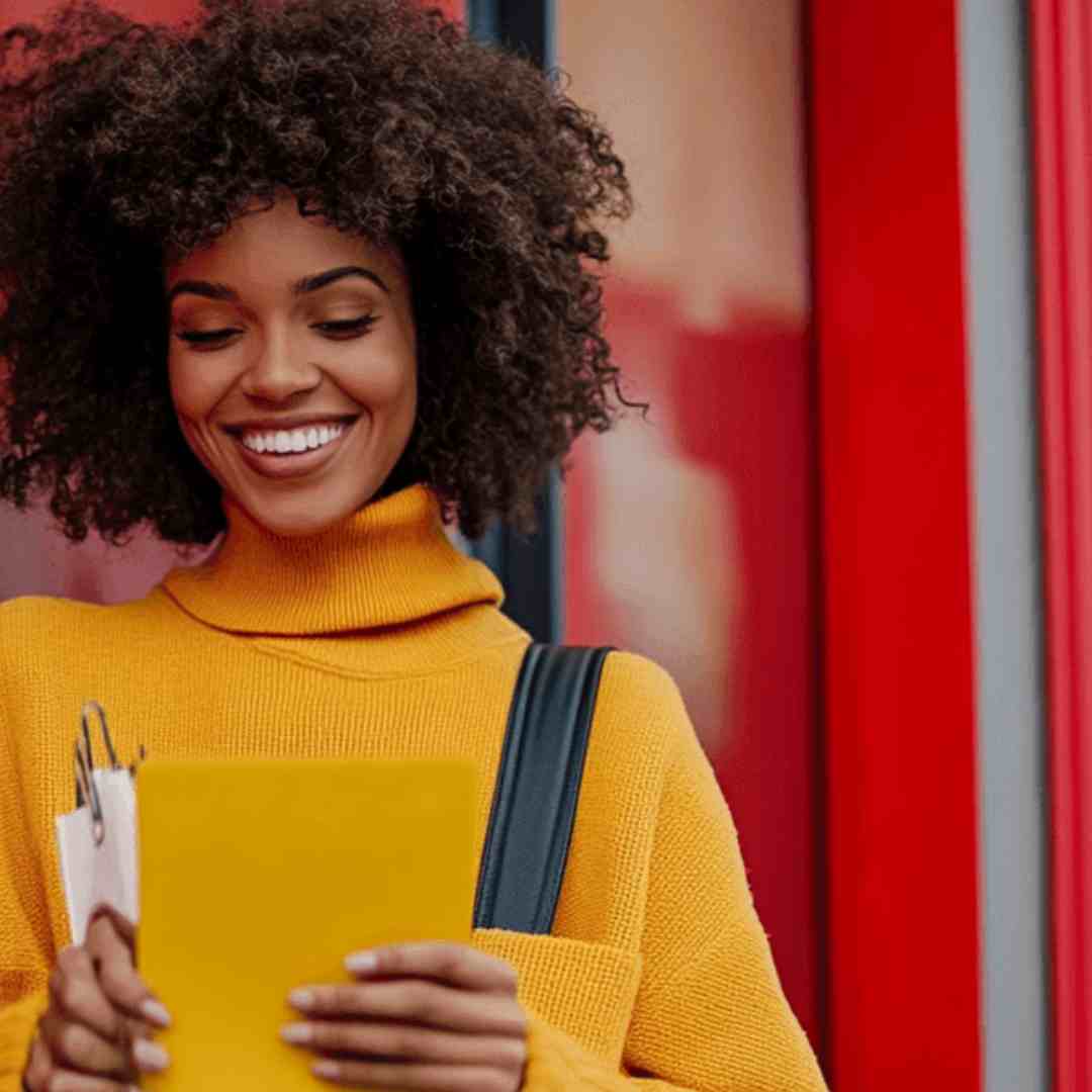 woman smiling at her tablet with shopping bag